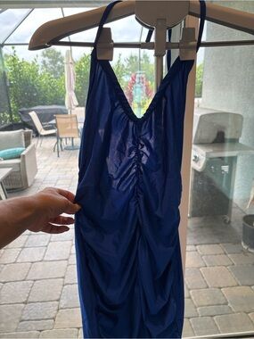 Women's Blue Ruched Mini Dress or Swim Suit cover up sz Small